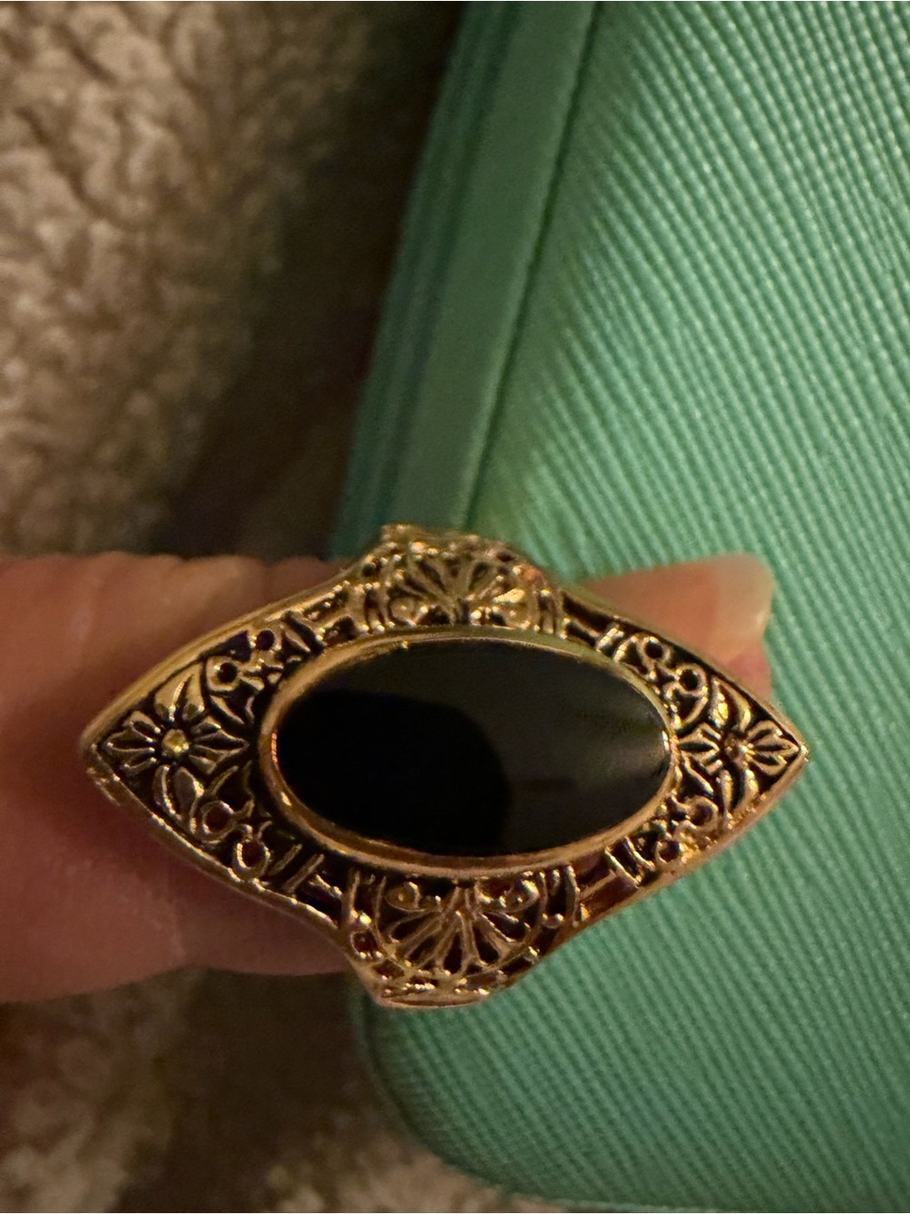 Gold Filigree Ring with Black Oval Stone